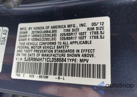 2012 Honda Cr-V Ex-L from USA, damaged, VIN 5J6RM4H71CL058684